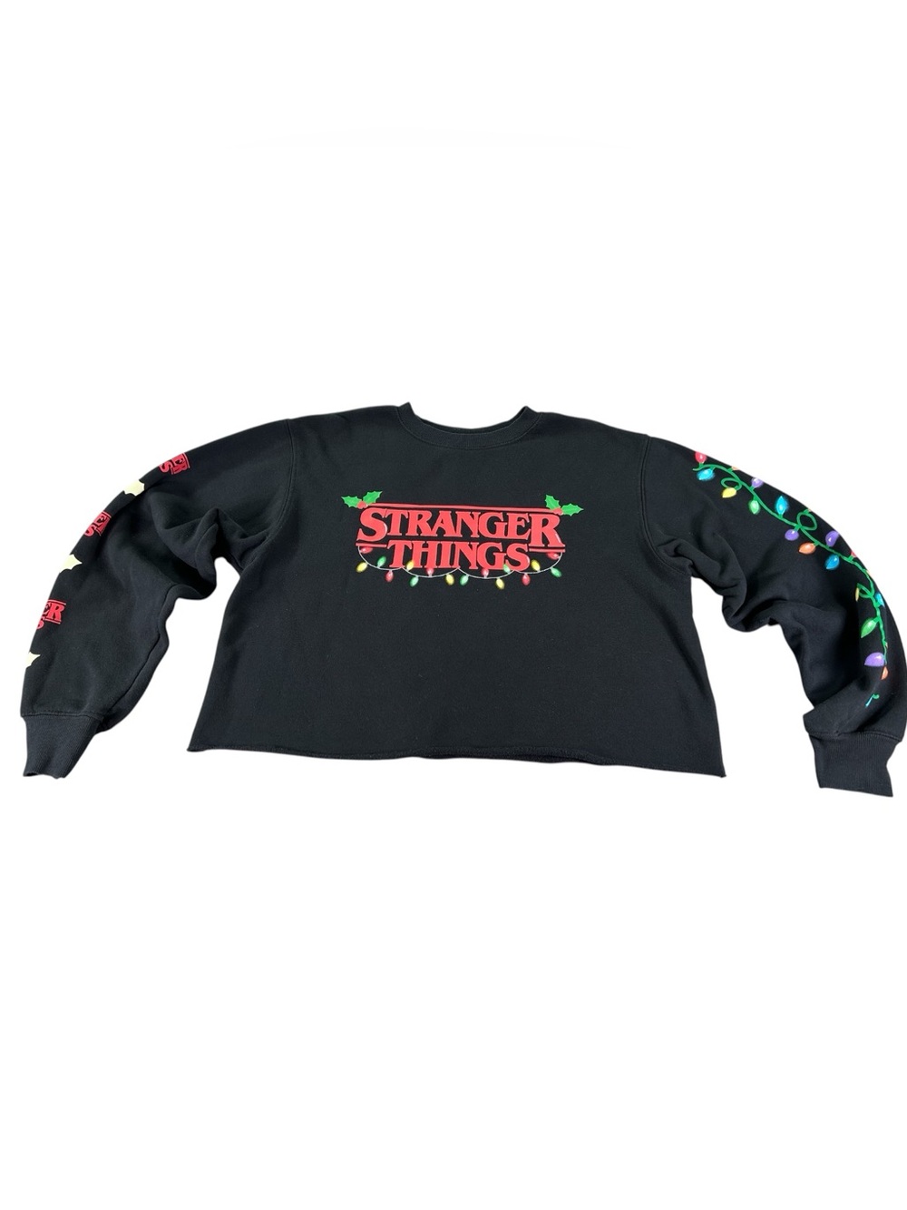 Stranger Things Christmas Lights Cropped Sweatshirt Women’s XL Black Netflix